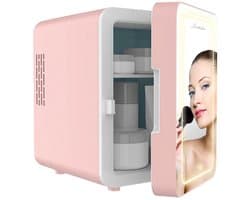 Jambo® Skincare Fridge - Mini Koelkast - Make-up Koelkast met Spiegel - Beauty Fridge met Spiegel en 3 Standen Ledverlichting - Roze - Cosmetica - 4 Liter