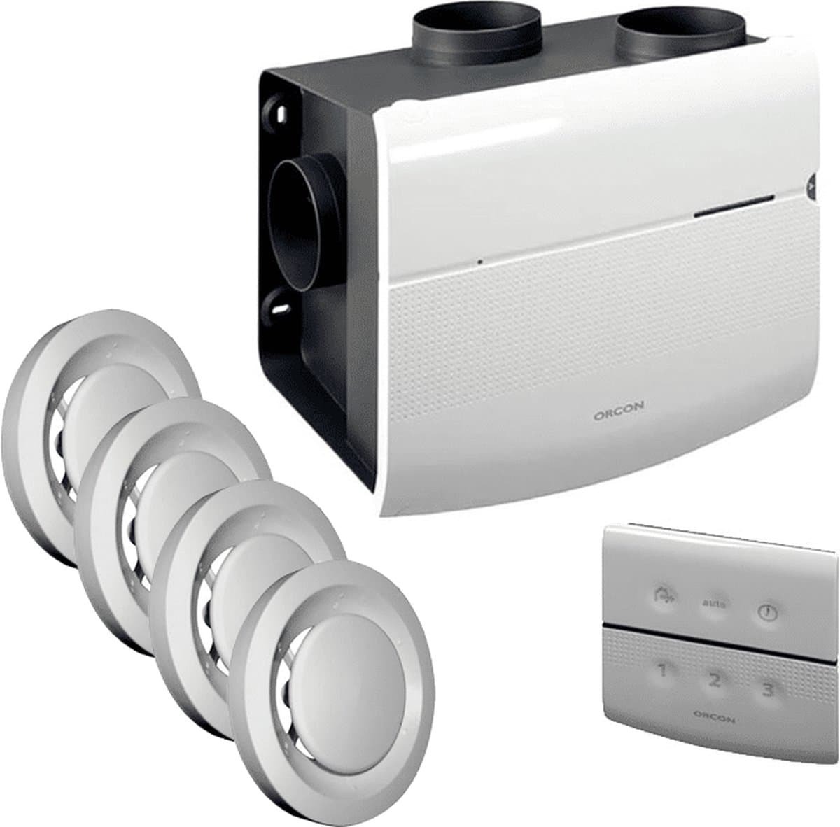 Orcon alles-in-een pakket randaarde stekker MVS 15RHB 520m3/h + vochtsensor + rft bediening + 4 ventielen — afbeelding 1