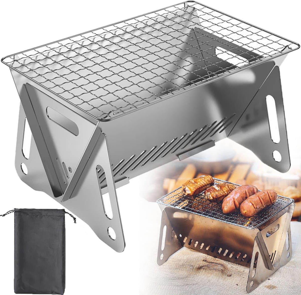 Draagbare Barbecue - Houtskool Barbecue - Met Opbergzak - Opvouwbare Barbecue - RVS - 21 x 16,5 x 13 cm - Draagbare Houtskool Grill met rooster - Barbecue Smoker - Houtskool BBQ - Voor Picknick, Kamperen en Buitenactiviteiten - Festival BBQ — afbeelding 1