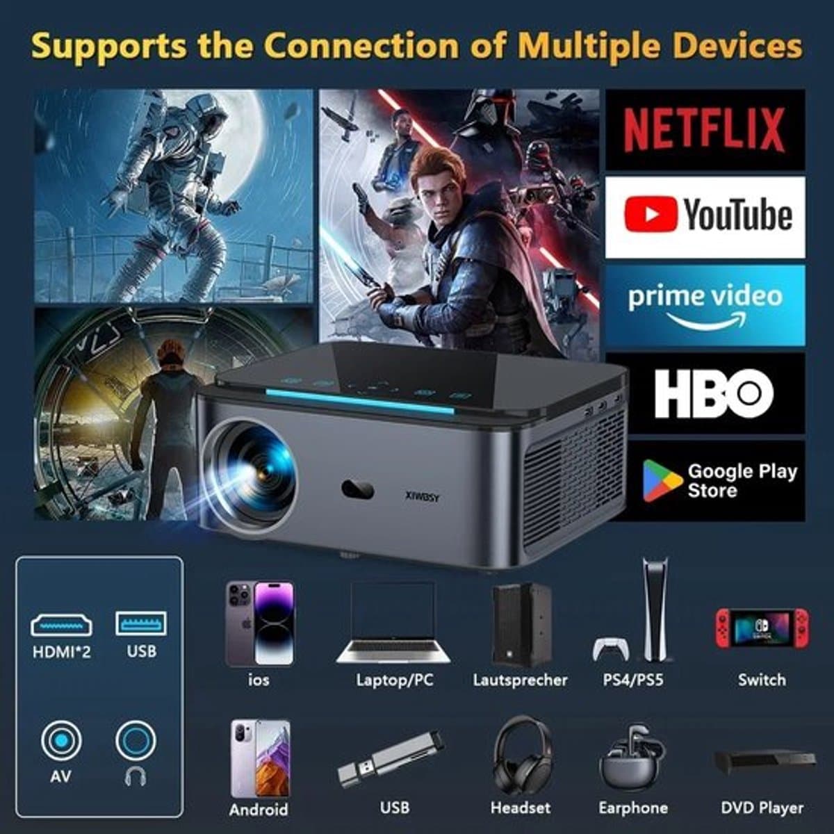 Xiwbsy - Beamer - Projector Beamer - Projector 4k - 1080P - Automatische focus - met WiFi 6 - 25000 Lumens - Buiten- en thuisprojector - Android 4K - Zwart — afbeelding 1