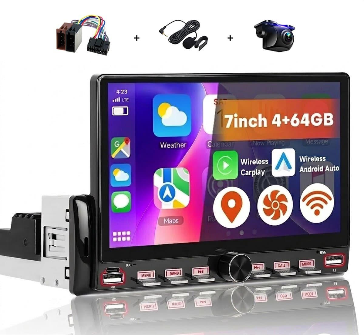 Boscer 1DIN Autoradio Universeel - 4+64GB Android 15 - Draadloze Apple CarPlay & Android Auto - 7 Inch HD IPS Touchscreen - Met Interne Koeling & Vernieuwd Bedieningspaneel - GPS, Bluetooth, WiFi - Achteruitrijcamera & Microfoon — afbeelding 1
