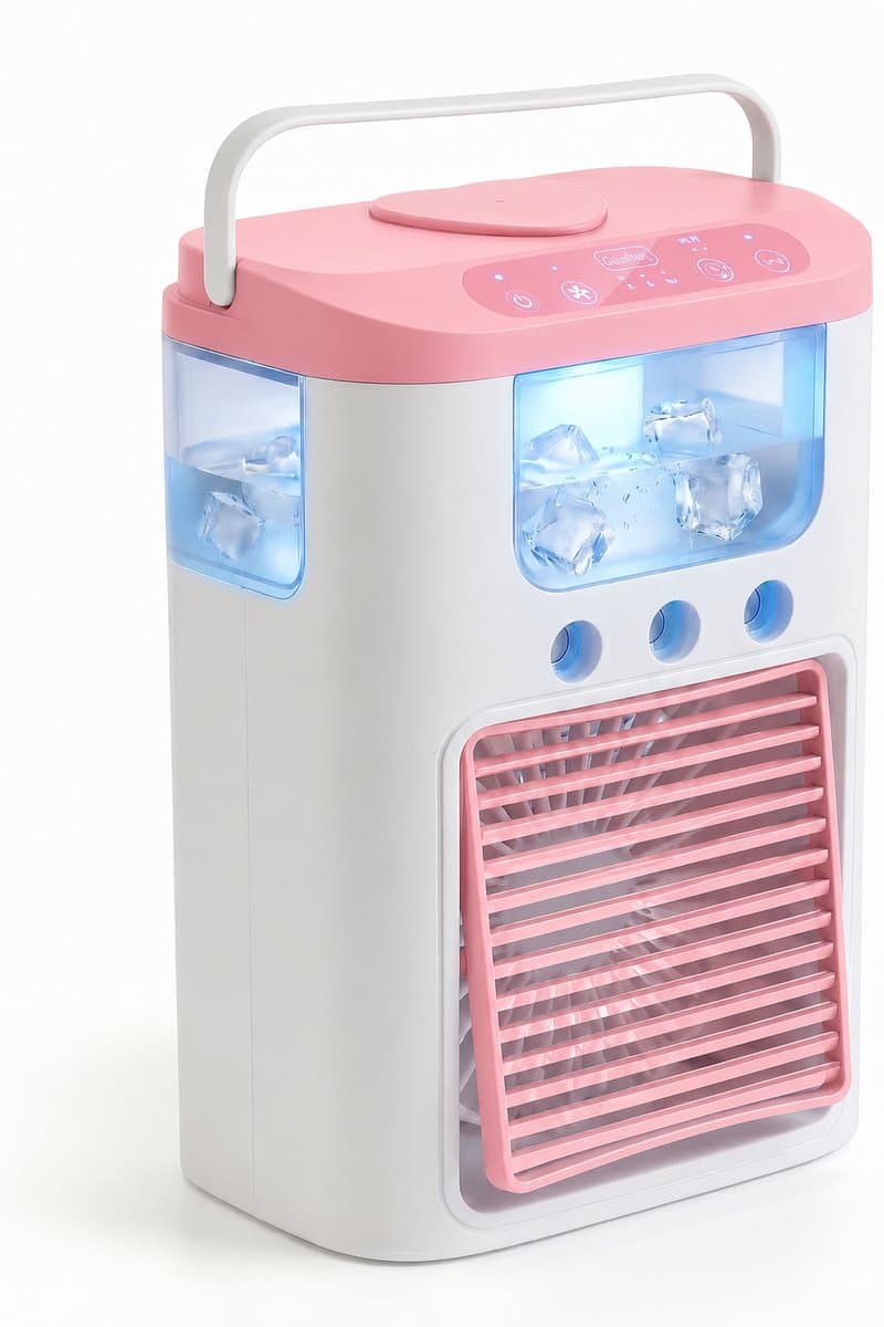 Ventilator - Draagbare luchtkoeler en ventilator - mini airco met 3 snelheden & 3 sproeistanden, 600 ml watertank, RGB-verlichting, oplaadbare mini-tafelventilator(roze) — afbeelding 1