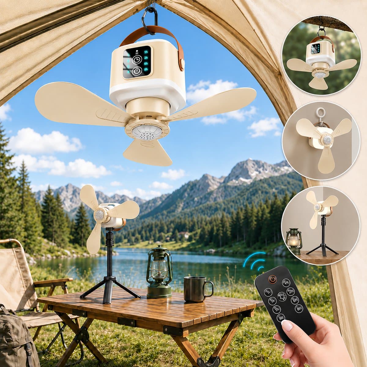 MUPOO Ophangbare ventilator lamp & Tafelstatief - 7200mAh Draadloos - Afstandsbediening - 4 Standen, Timer & Anti-Mug - Stille Motor & Type-C Opladen -plafonniere met ventilator Voor Tuin & Caravan — afbeelding 1