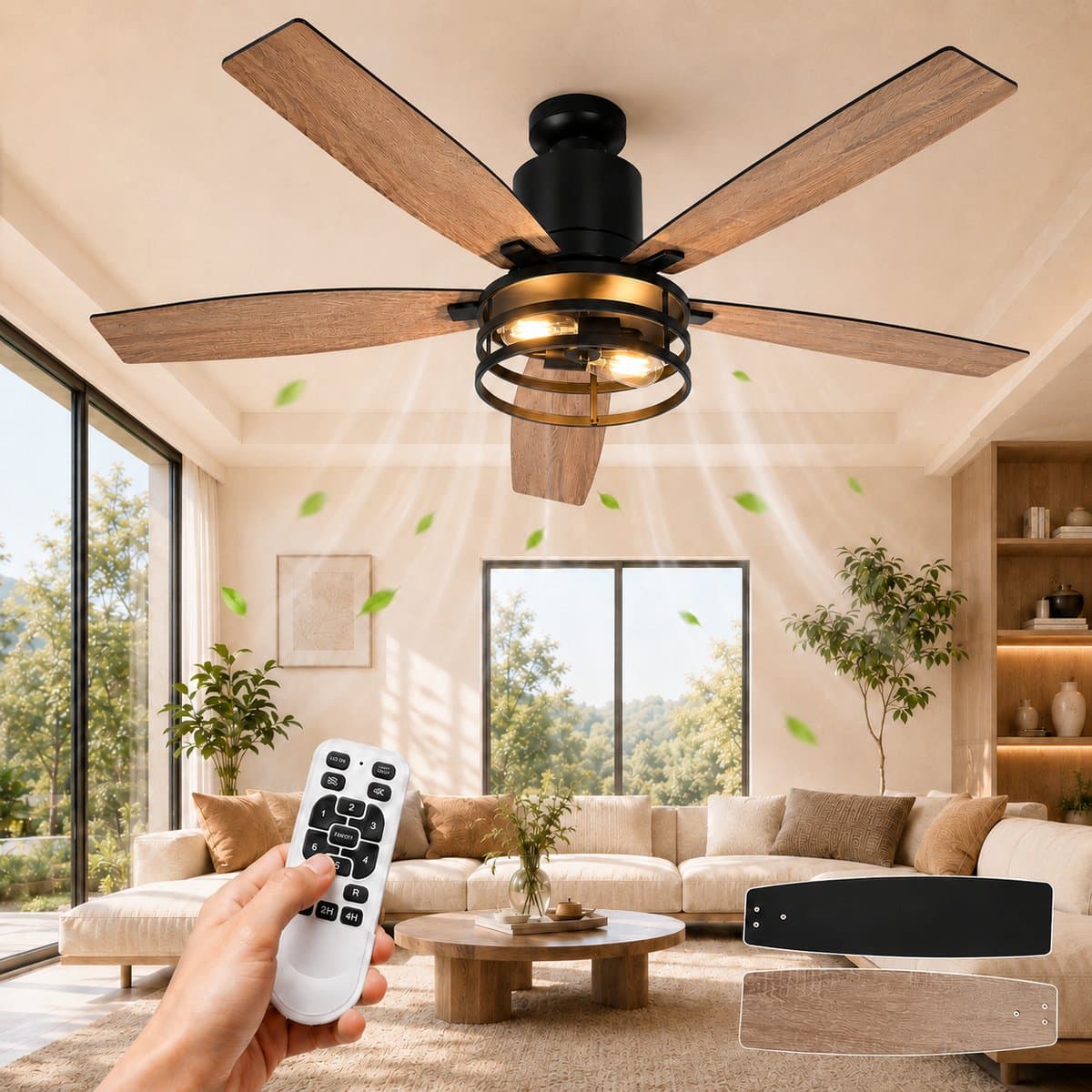 MUPOO massief hout Plafondventilator met Verlichting 132 cm - Energiezuinige DC Motor&Afstandsbediening-Muisstil- Zomer- en winterstand-6 Snelheden & Timer- ventilator lamp plafond Voor Woonkamer,Hoge Plafonds & Eetkamer — afbeelding 1