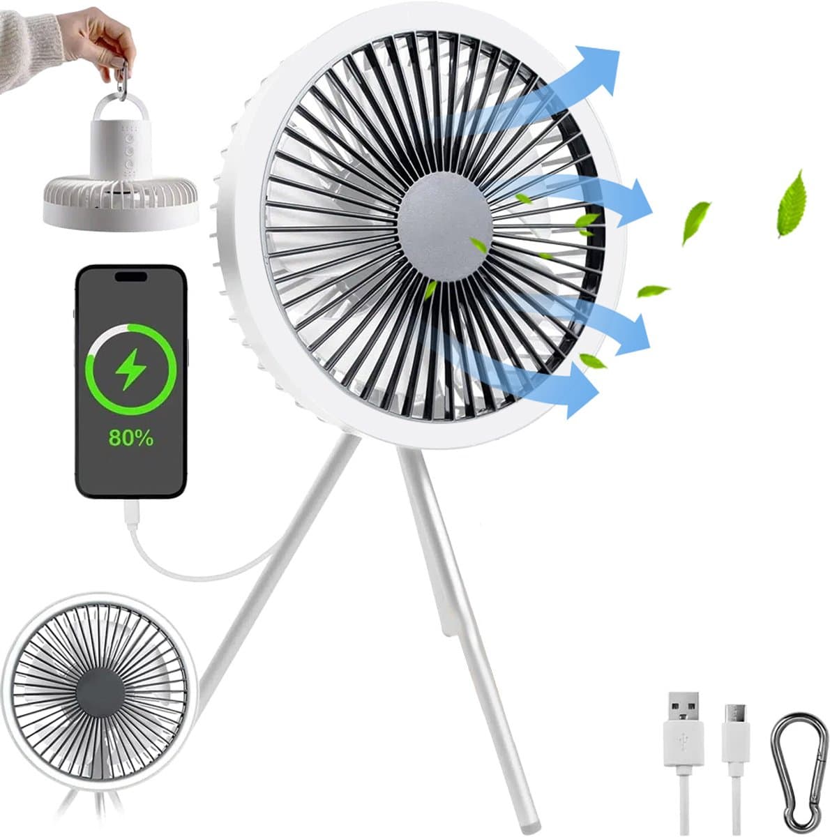 Camping Ventilator - Draagbare Ventilator - Stille Ventilator - LED-ventilator - met Statief - USB-opladen - 3 Snelheden - Wit — afbeelding 1
