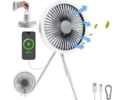 Camping Ventilator - Draagbare Ventilator - Stille Ventilator - LED-ventilator - met Statief - USB-opladen - 3 Snelheden - Wit