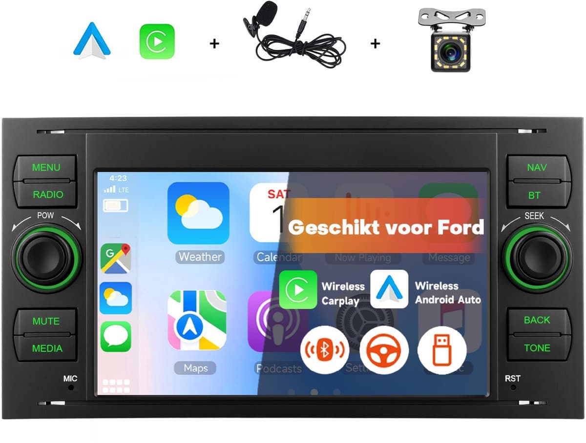 Boscer Draadloos Apple CarPlay & Android Auto Autoradio - 7 Inch Scherm - Geschikt voor Ford Fiesta, Focus, Mondeo, Transit, Kuga, C-Max, S-Max, Galaxy & Connect - Bluetooth - Achteruitrijcamera & Microfoon — afbeelding 1