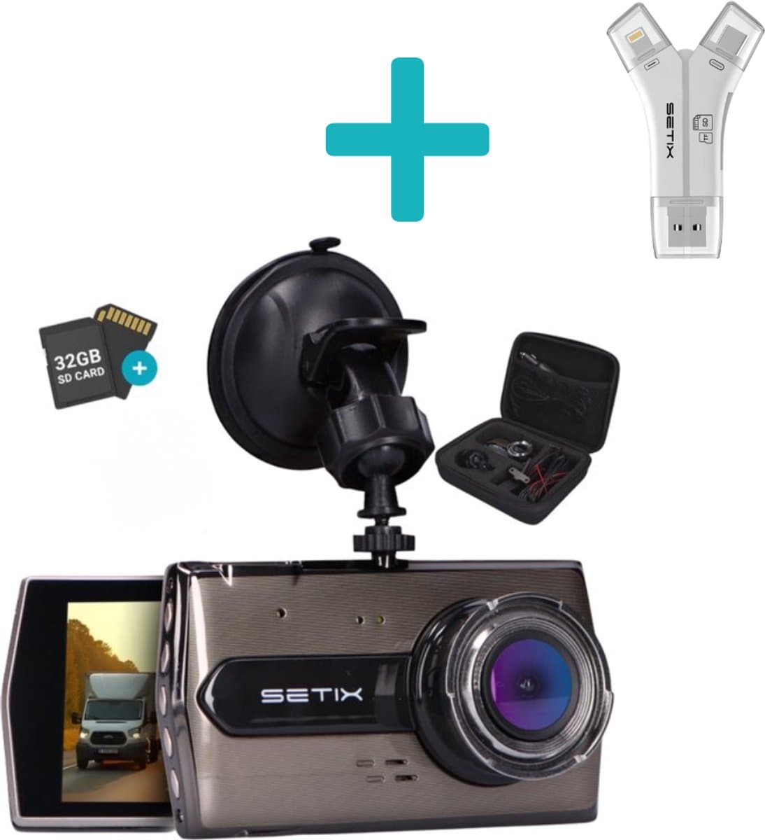 Setix Dashcam Go + SD Card Reader- Voor en Achter Camera – Inclusief 32GB SD kaart - Full HD 1080P Resolutie – Met Opbergcase tegen Diefstal - Nachtzicht – Plug & Play - Parkeermodus - 170 Graden Kijkhoek – Loop Recording – 2025 Auto Camera — afbeelding 1