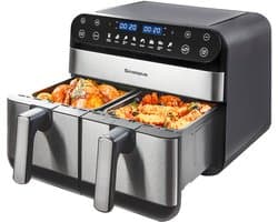 Digitale Airfryer XXL 9L Sinaopus 920 – Heteluchtfriteuse met Dubbele Mand en DualMand Onafhankelijke Snelle Opwarming – Voor Gezinnen – 8 Programma’s – LED Touchscreen – Kijkvenster – Makkelijk te Reinigen – Capaciteit voor 7 Personen