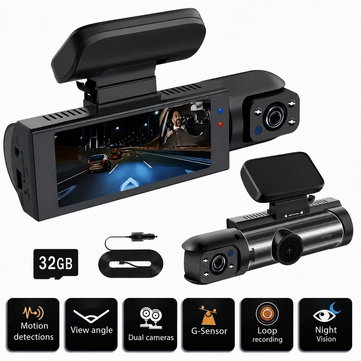 Dashcam Auto Full HD 1080P – Dual Lens Voor & Binnen | IR Nachtzicht, Loop Recording, 3 Inch IPS Scherm incl. SD-Kaart — afbeelding 1