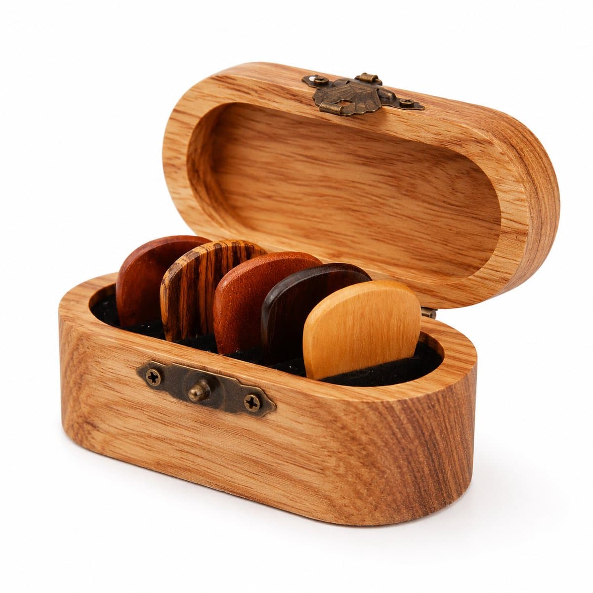 Daity 1 set - Gitaarplectrums van natuurlijk hout (5-delige set in doos) Massief houten plectrums voor folk- en akoestische gitaren; Cadeauset met accessoires voor elektrische gitaar, inclusief display en opbergdoosje; Voorzien van antislipgroeven. — afbeelding 1