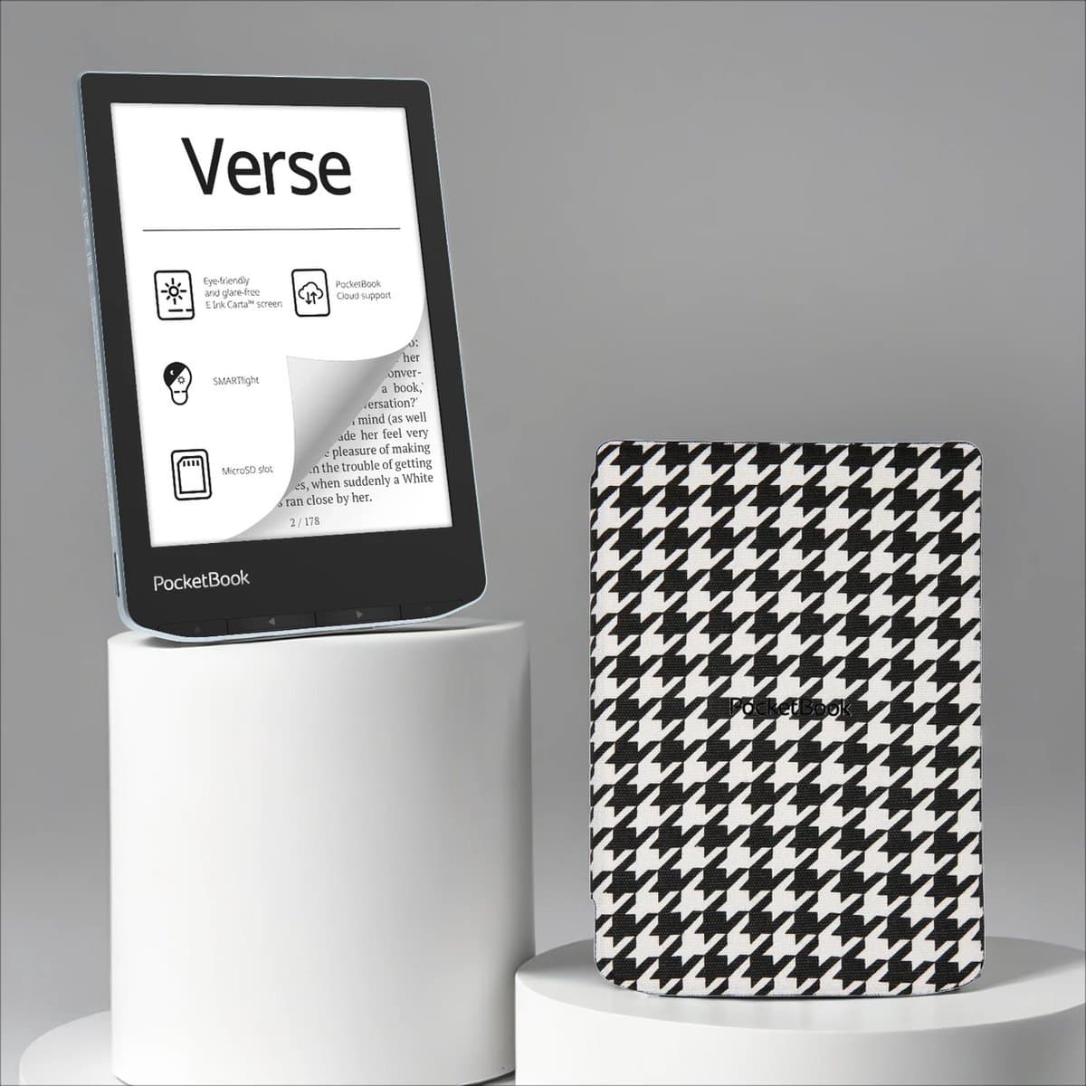 PocketBook Verse e-reader Bright Blue – 6 inch – 8 GB + Zwart/wit geruit hoesje – voordeelbundel — afbeelding 1