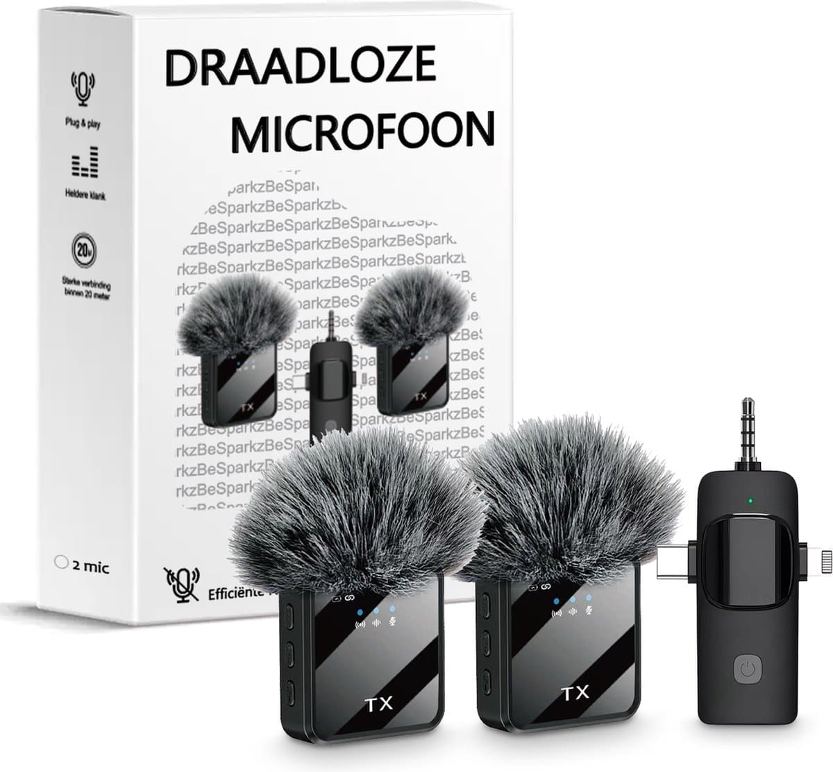 BeSparkz 2 in 1 Draadloze Microfoon - Geschikt voor Jack 3.5mm, USB-C en Lightning - Microfoon iPhone - Dasspeld Microfoon - Lavalier — afbeelding 1