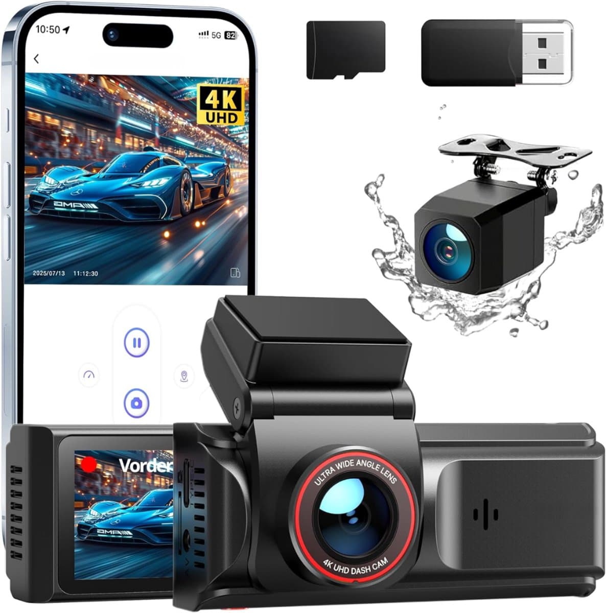 SNJY® Dashcam voor Auto - Auto Camera - Dashcam Voor en Achter - 4K - 170° Groothoek - Zwart — afbeelding 1