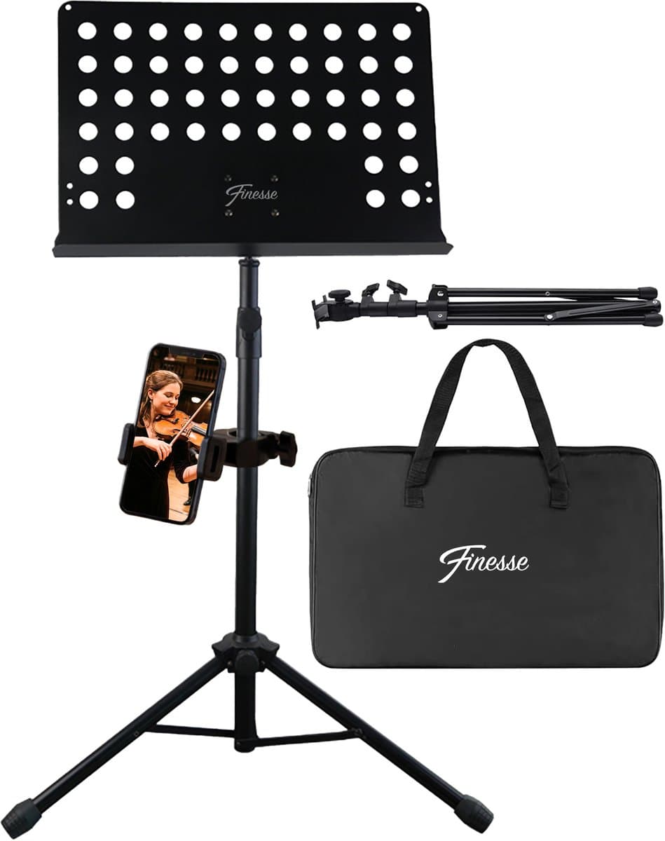 Finesse Muziekstandaard voor Bladmuziek met Telefoonhouder - XL - Opvouwbaar - met Draagtas - Lessenaar - voor Tablet - Zwart — afbeelding 1
