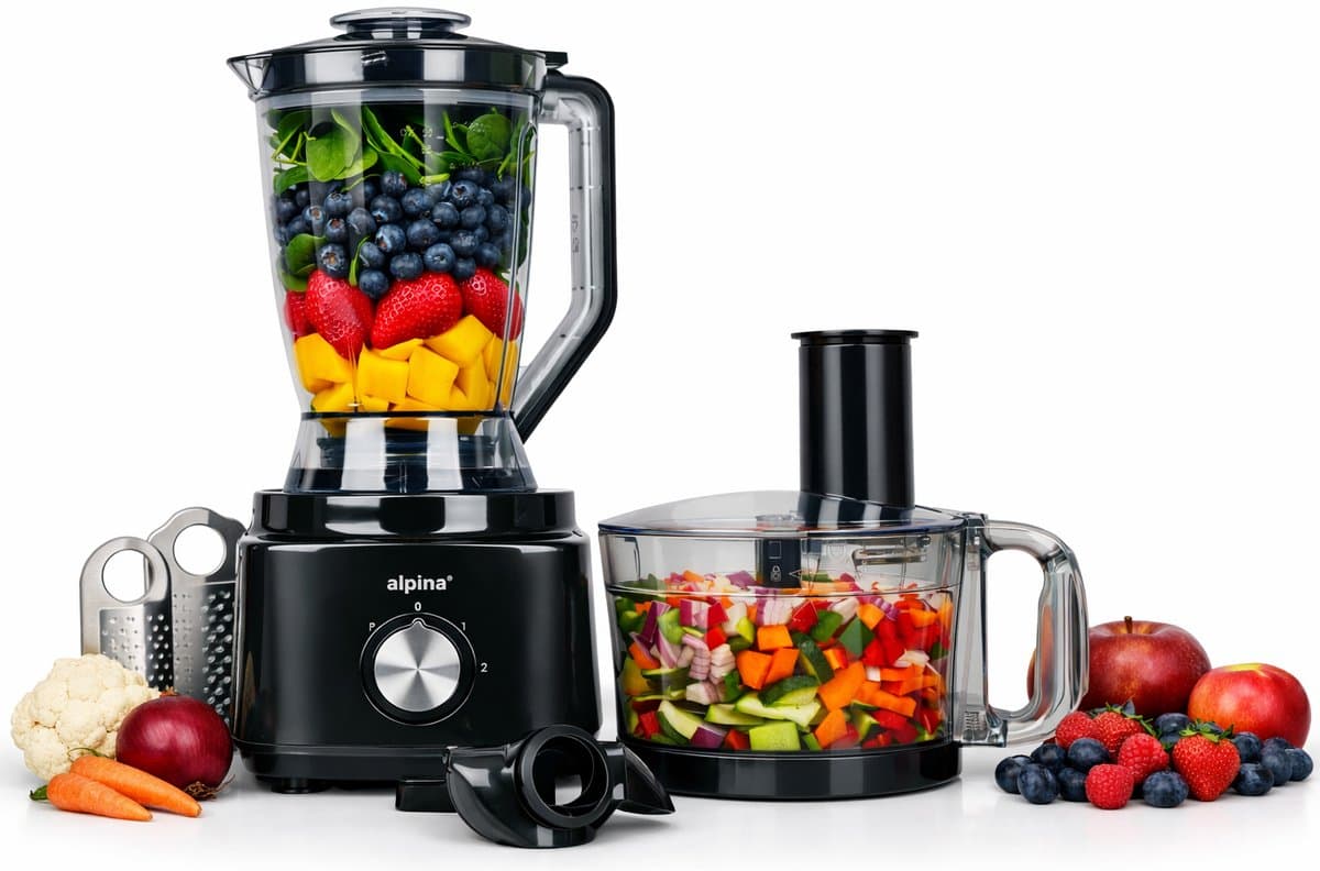 alpina 3-in-1 Foodprocessor, Blender en Smoothie Maker - Keukenmachine Multifunctioneel - Groentesnijder - Hakmolen - 2L - BPA-Vrij - Vaatwasserbestendig - FP413GS - Zwart — afbeelding 1