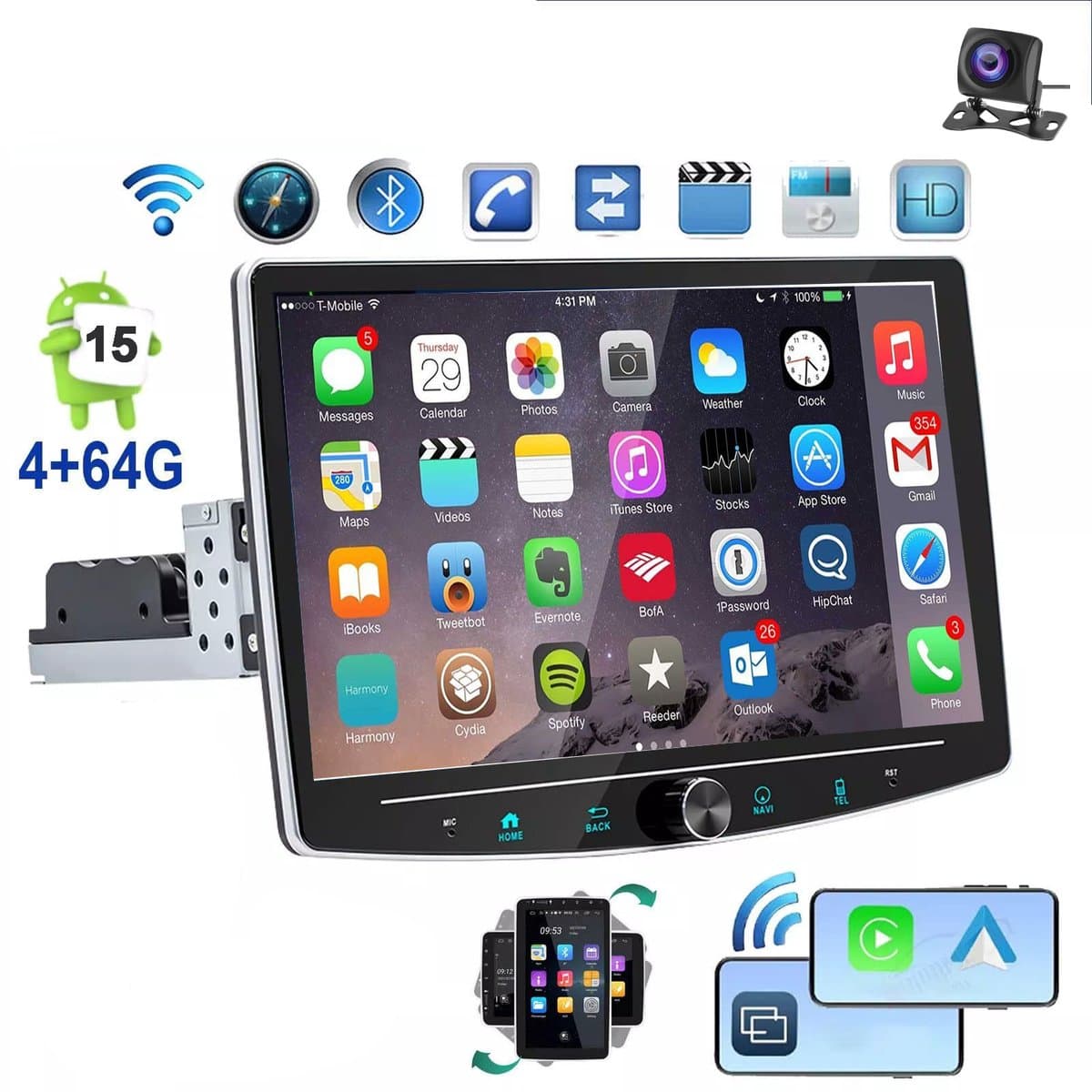 ESSGOO 1DIN Autoradio auto met 10,1 Inch 360° draaibaar scherm - autoradio geschikt voor CarPlay en Android auto - Android 15 4 + 64 GB - Bluetooth FM RDS - multimediaspeler - AHD-achteruitrijcamera - microfoon — afbeelding 1