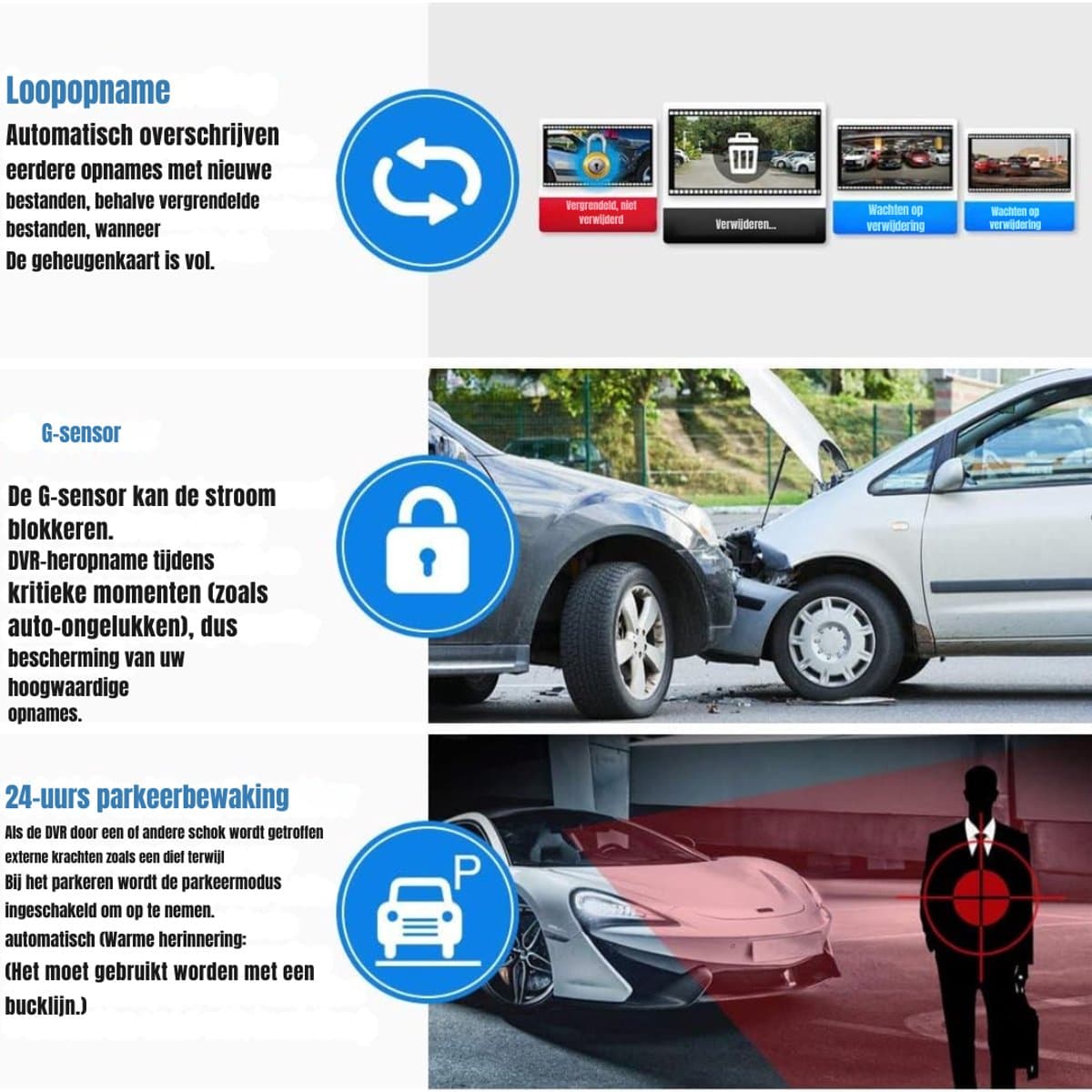 Aurixi® Dashcam Voor en Achter - Dashcam - Parkeermonitor - Nachtzicht - Zwart- 35x 12x 9cm; 128 g — afbeelding 1