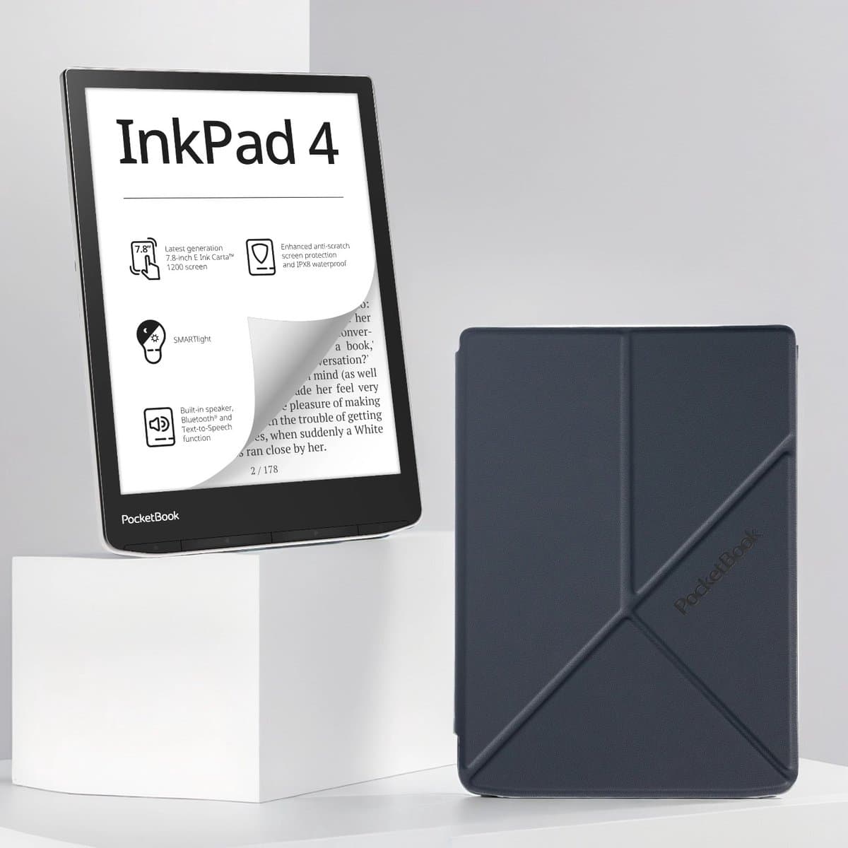 PocketBook InkPad 4 e-reader – 7.8 inch – 32 GB – waterdicht + Origami Zwarte Shell Cover – voordeelbundel — afbeelding 1