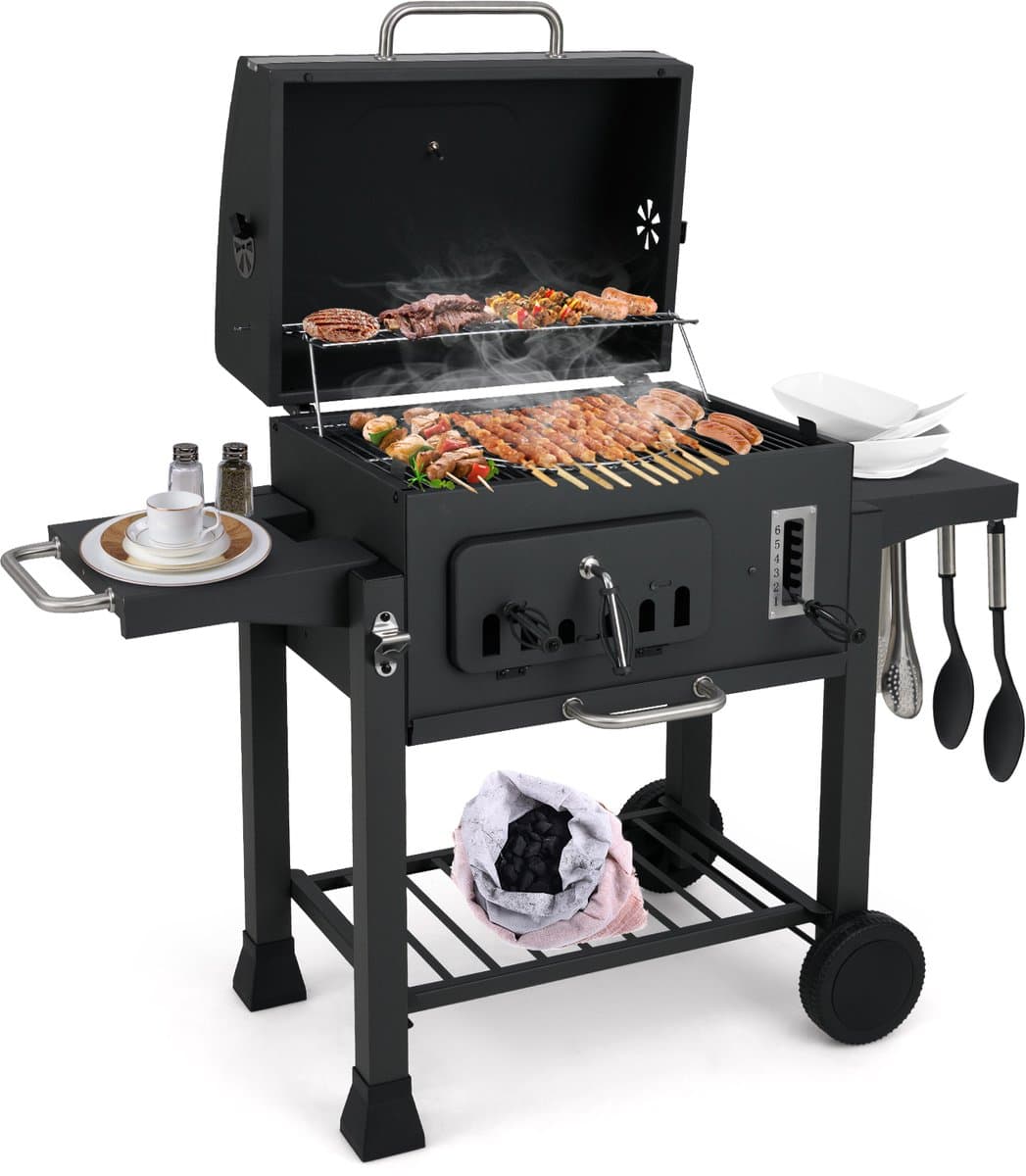 COSTWAY houtskoolgrill, grillwagen met deksel, wielen, 2 inklapbare zijtafels, grillrooster, thermometer, 6-voudige houtskoolhouder en opbergvak, staande grill, kolengrillwagen — afbeelding 1