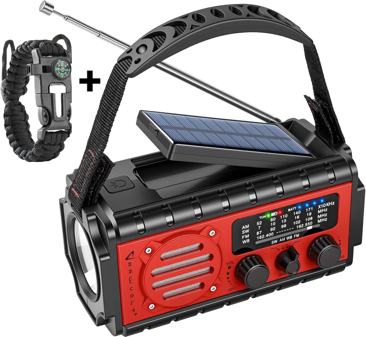 RAWVOLT® - NIEUW - Noodradio SW20K - 20000mAh Li-ion Accu - Solar Opwindbaar - Powerbank, Zaklamp, SOS Alarm & Leeslamp - 2026 model voor indoor, outdoor en in noodpakket - incl. Multi-Function Survival Armband - Tuscan Red — afbeelding 1