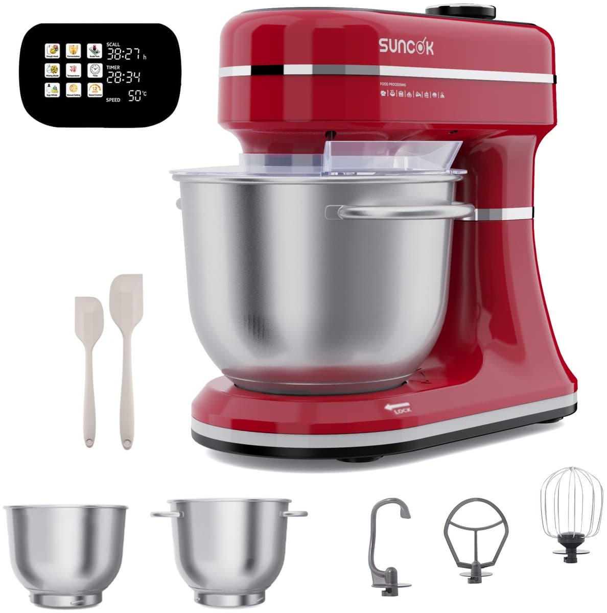 SUNCOK Keukenmixer, Keukenmachine, Slim aanraakpaneel, met 2 roestvrijstalen mengkommen: 4,5 l en 5,5 l. Krachtige motor van 1500 W, geluidsniveau 59 dB. Blender, geschikt voor bakken en deeg kneden. — afbeelding 1