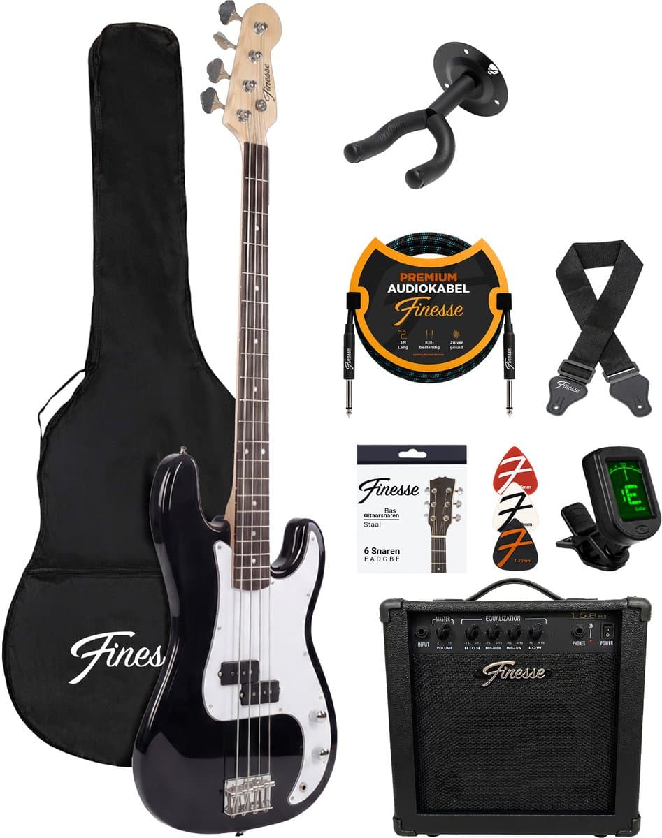 Finesse Elektrische Basgitaar met Versterker - Starterset - Volwassenen - Kind - Zwart — afbeelding 1