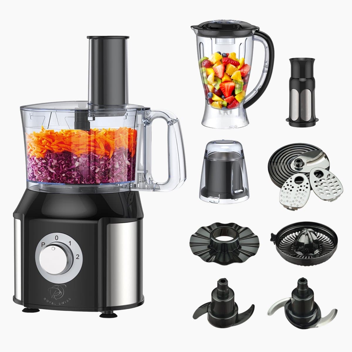 Royal Swiss® YT-FP01 – 10 in 1 Foodprocessor – 550 W – RVS Behuizing – 1,5 L Blender & 1 L Kom – 2 Snelheden + Pulse – Multifunctioneel Keukenapparaat — afbeelding 1