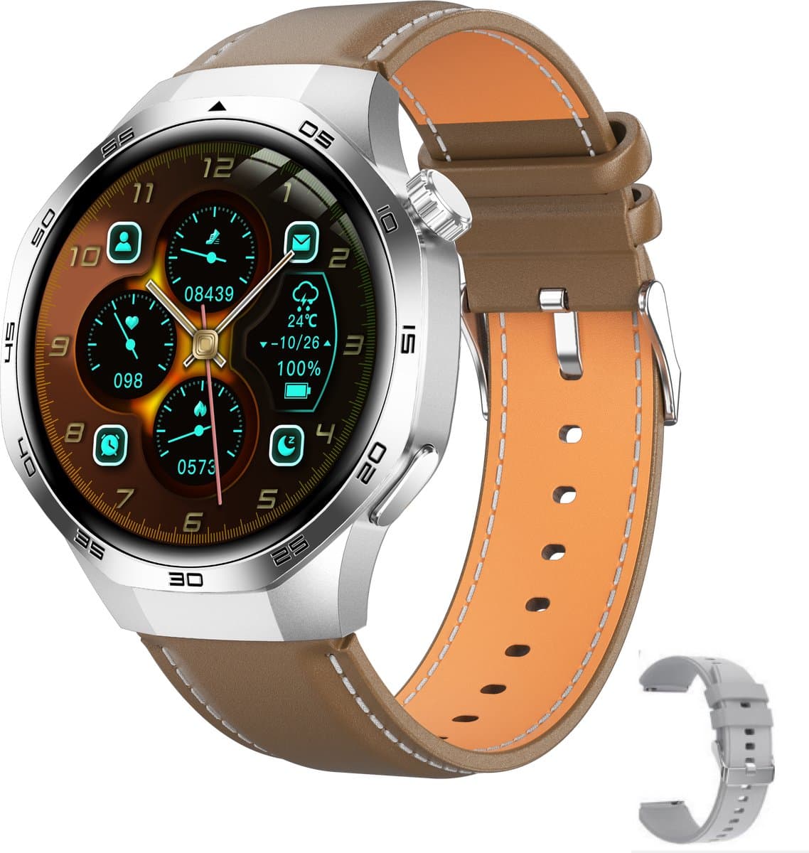 Knobbout 1.53" Scherm Stijlvolle Sport Smartwatch – NFC- Kompas, Hoogtemeter, Barometer-Bluetooth Bellen - Draadloos Opladen - hartslag, bloeddruk, zuurstofgehalte (SpO₂) - AI Assistent - medicatie innemen alert - Bruin Leren + Siliconen Band — afbeelding 1