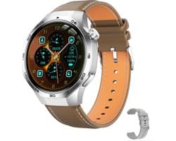 Knobbout 1.53" Scherm Stijlvolle Sport Smartwatch – NFC- Kompas, Hoogtemeter, Barometer-Bluetooth Bellen - Draadloos Opladen - hartslag, bloeddruk, zuurstofgehalte (SpO₂) - AI Assistent - medicatie innemen alert - Bruin Leren + Siliconen Band