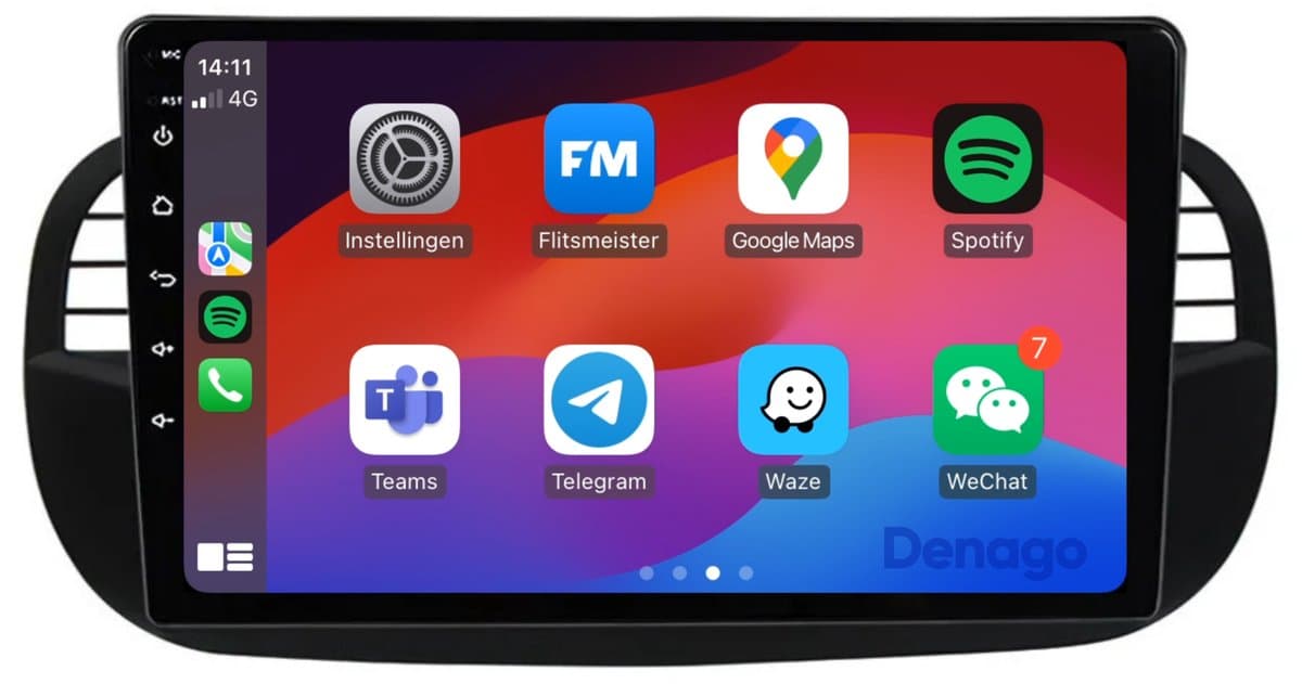 CarPlay autoradio geschikt voor Fiat 500 | 2007 t/m 2015 | Android 13 | Draadloos Apple CarPlay & Android Auto | 2GB + 32GB | QuadCore processor | Denago DNG-A66 | 2025 model | 2007 2008 2009 2010 2011 2012 2013 2014 2015 | Bluetooth & Wifi — afbeelding 1
