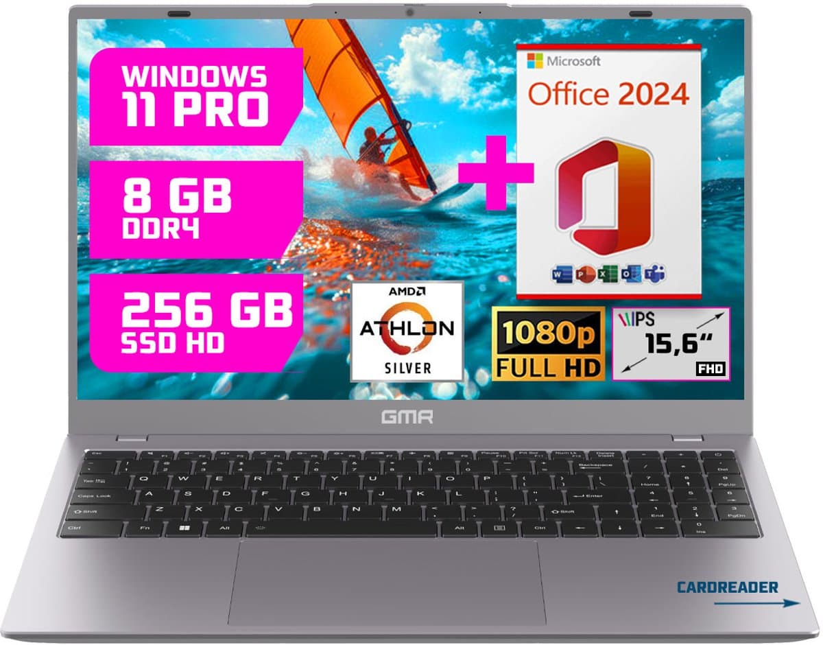 GMR 15.6 Inch Full HD Laptop | Office 2024 Inclusief | Windows 11 Pro | 8GB RAM | 256GB SSD | Direct Klaar voor Gebruik | Laptop voor Thuiswerk, Studie, School, E-mail, Internet & Kantoor | Nederlandse Support & Garantie — afbeelding 1