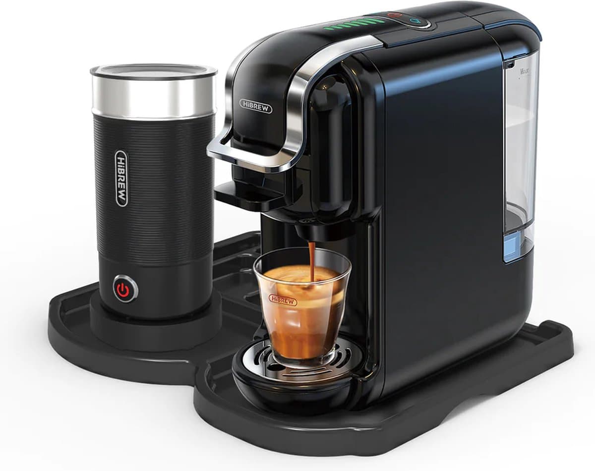 HiBrew - Koffiezetapparaat 5-in-1 – Koffiemachine + Melkschuimeren en onderlegger – Meerdere Capsules – Koffiepadmachine - Heet/Koud – 19Bar – 1450W – Zwart — afbeelding 1
