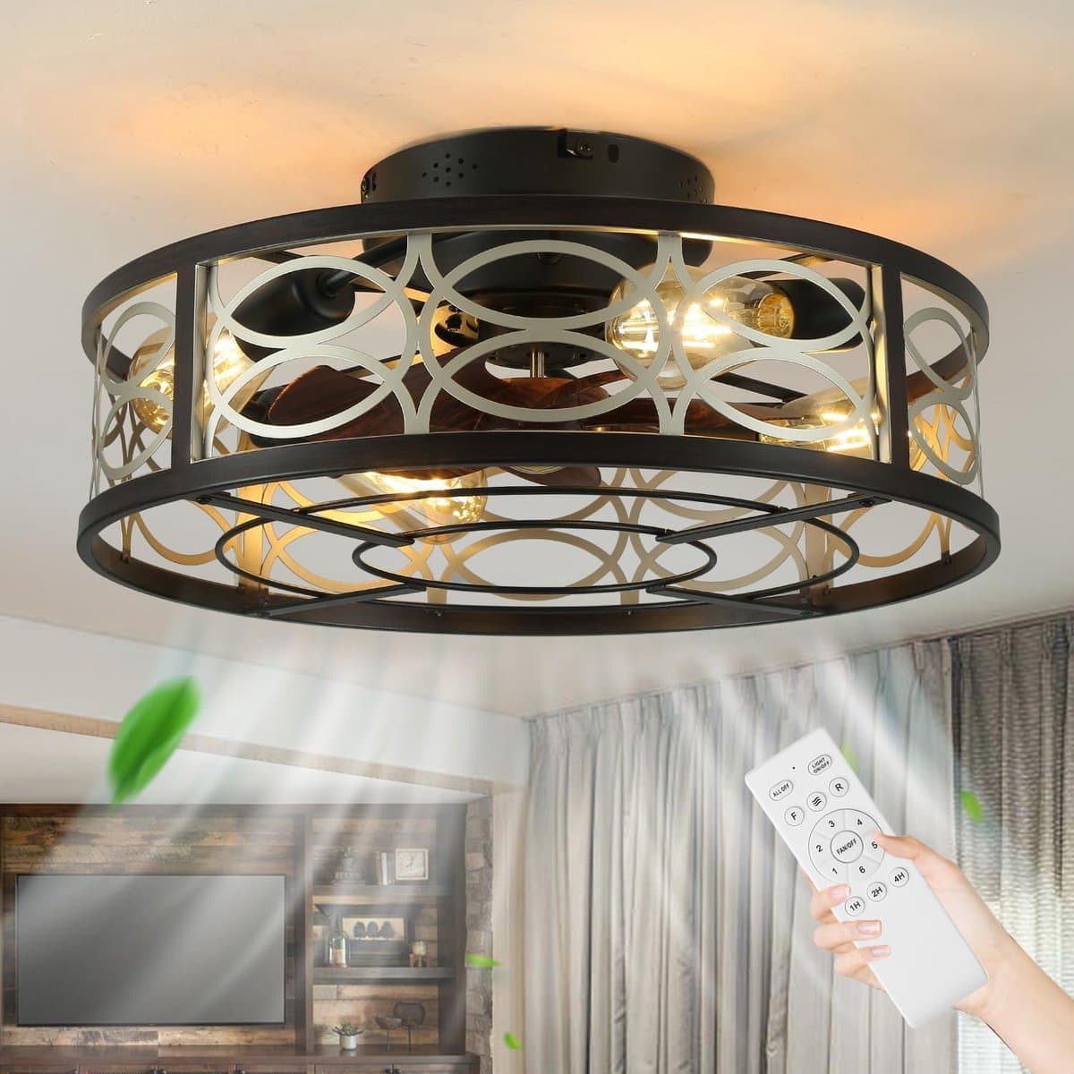 Industriële Plafondventilatorlamp - Stille Motor - Afstandsbediening - Vintage Kooi Design - 6 Snelheden - Timerfunctie - Woonkamer en Keuken - Zomer en Winterstand - Zwart - E27 Fitting — afbeelding 1