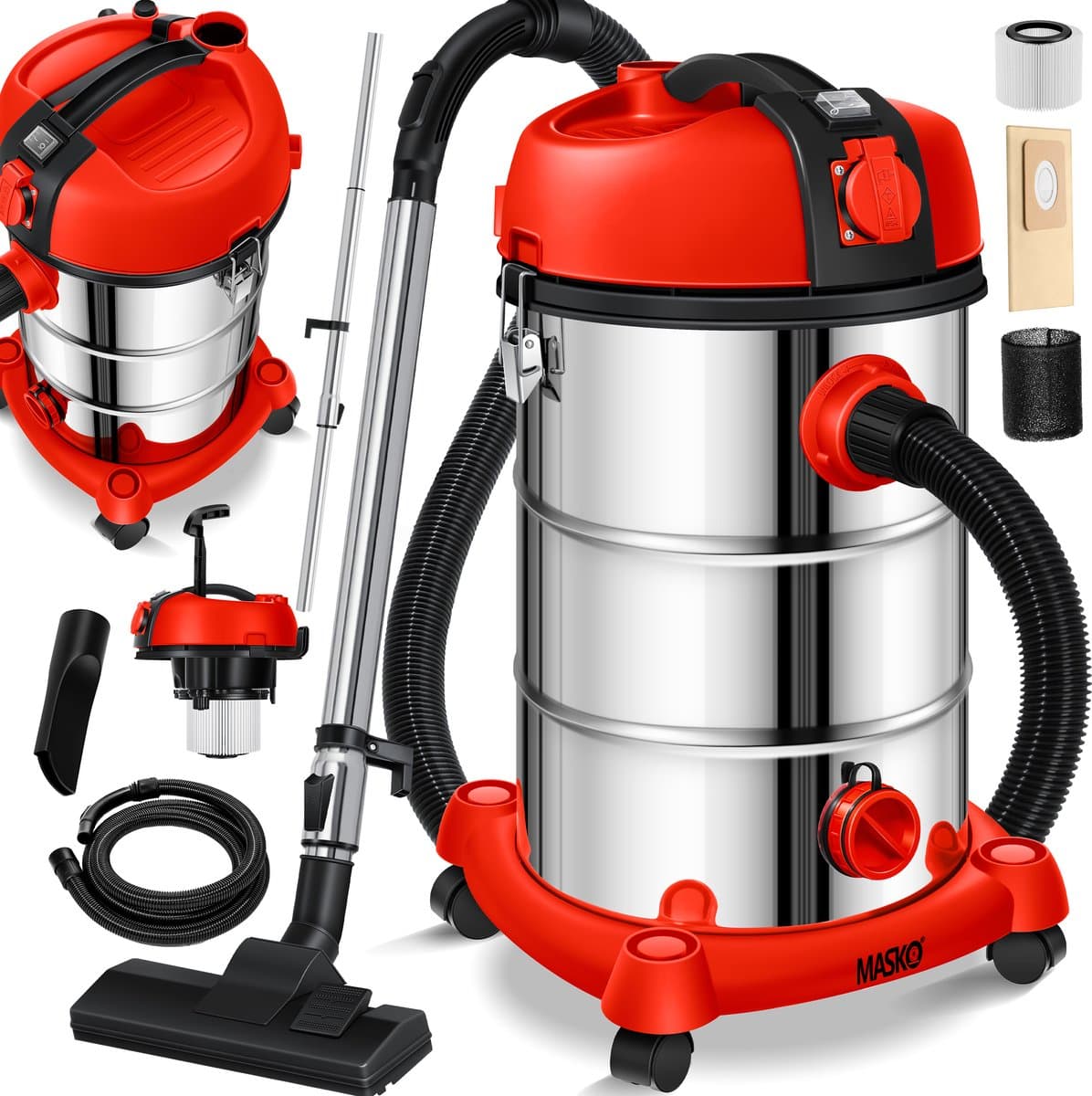 MASKO® industriële stofzuiger nat-droog roestvrij staal 2300W + stopcontact | blaasfunctie | droog en nat zuigen | Push&Clean | industriële stofzuiger met en zonder zak | zakloos - Rood — afbeelding 1