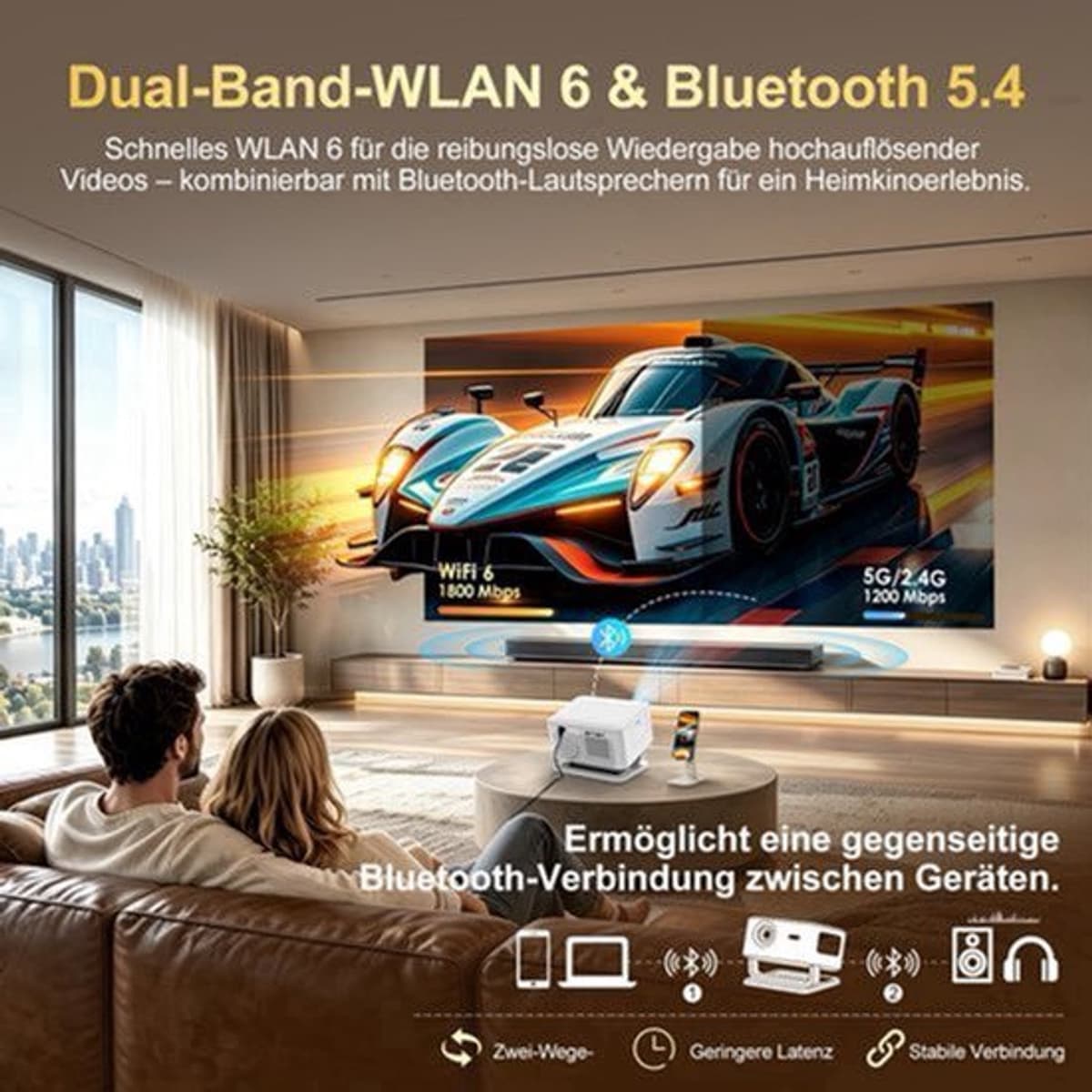 Mini Beamer 1920 x 1080 LED - WiFi 6 Android 14 Smart Projector - Draagbaar Lichtgewicht - HDMI USB Bluetooth - Voor Gaming Onderwijs Thuisbioscoop Zakelijk — afbeelding 1