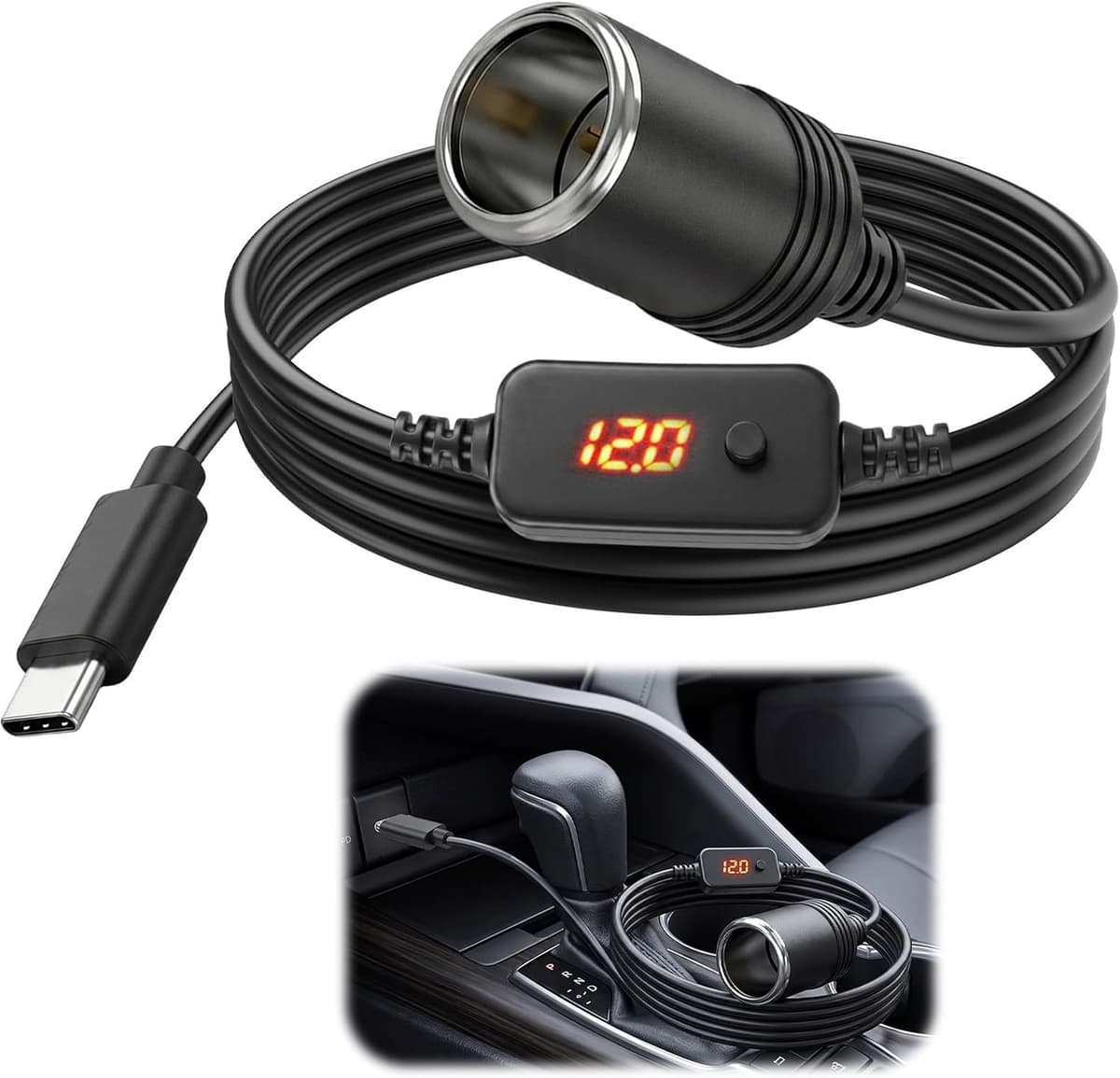 Adapter USB C naar Sigarettenaansteker 1,2m - LED Voltmeter - Instelbare Voltage 5V/9V/12V - Voor GPS en Dashcam - Vemera — afbeelding 1