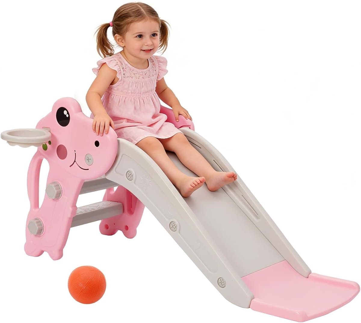 Glijbaan voor binnen en buiten, voor kinderen met basketbalkorf en bal, antislip trappen, eenvoudige montage en opvouwbaar, kinderglijbaan vanaf 3 jaar — afbeelding 1