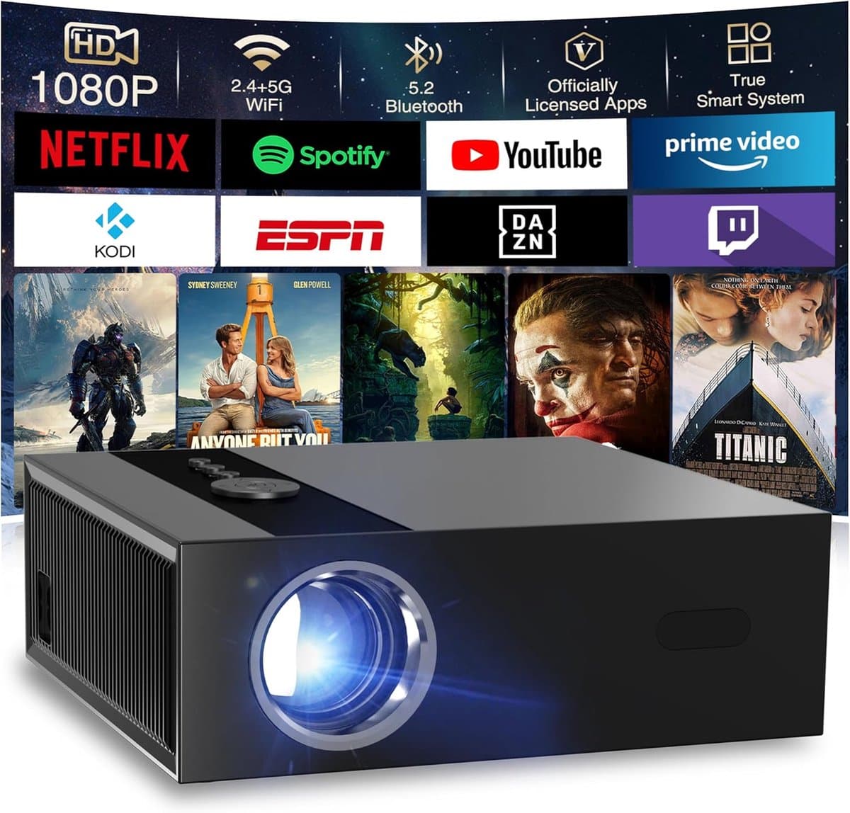 SnelShoppen - 4K Projector met Google TV, Native 1080p, 8K Ondersteuning, AI Beeldverbetering, Autofocus, Slimme Projector met Automatische Keystone-C — afbeelding 1