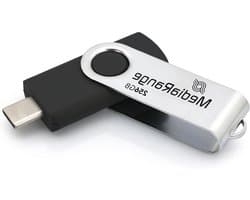 USB-C Flashdrive - Geheugenstick - Bestanden Overzetten - Draaibare Behuizing - 256 GB - Zilver Zwart