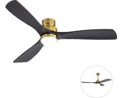 Plafondventilator Met Lamp - 3 Hout Bladen - Ø 52 inch - Dimbare lamp - Met Afstandsbediening - 6 ventilatorstanden - Met timerfunctie - LED's Light - Goud, zwart