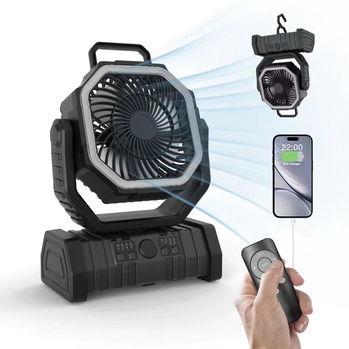 Draagbare campingventilator met LED-verlichting, 4 snelheden, 20000 mAh accu met afstandsbediening en haak, stille USB-tafelventilator voor vissen, picknicks, barbecues en wandelen. — afbeelding 1