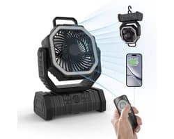 Draagbare campingventilator met LED-verlichting, 4 snelheden, 20000 mAh accu met afstandsbediening en haak, stille USB-tafelventilator voor vissen, picknicks, barbecues en wandelen.