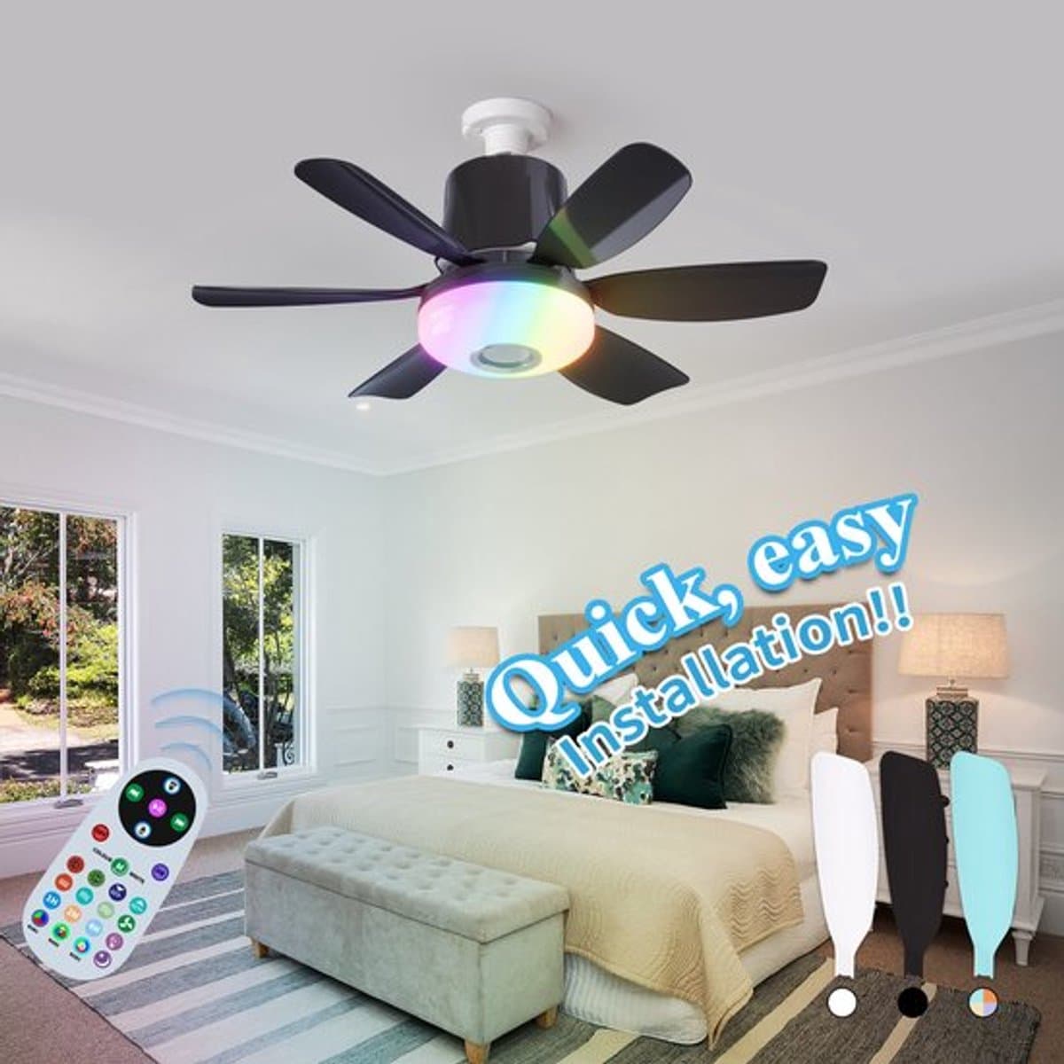 Plafondventilator met verlichting en afstandsbediening met ingebouwde luidspreker - Zwart - Verbeterde RGB-versie - LEC020R - Drie windsnelheden - Kleine plafondventilator met verlichting, geschikt voor slaapkamers en woonkamers - Zwart - 47x18 cm — afbeelding 1