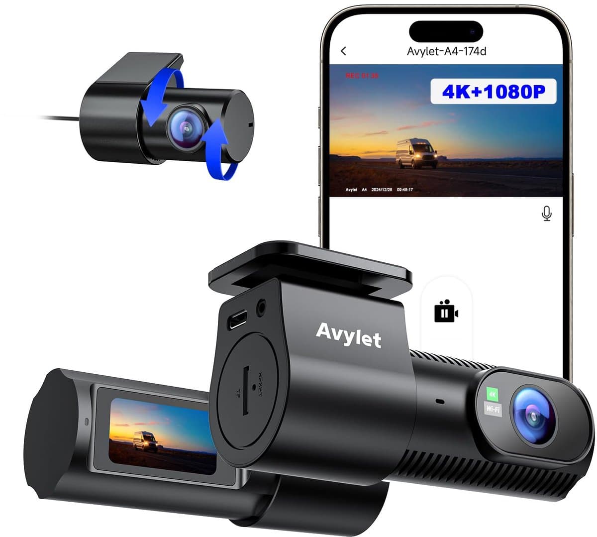 SnelShoppen - Avylet Dash Cam voor en achter, 5G Wi-Fi/APP 4K+1080P Dual Auto Camera met 170° Groothoek, Externe GPS, Super Nachtzicht en 24-uurs Park — afbeelding 1