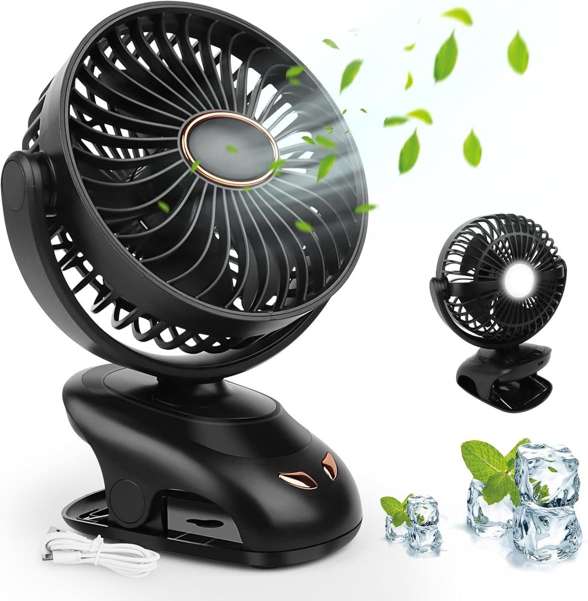 3 in 1 - Miniventilator - USB - Met clip - Kleine ventilator - Met licht - LED-display - 5 snelheden - Verstelbare windsnelheid - 90 graden rotatie, oplaadbaar, stil, geschikt voor thuis, kantoor, buiten (zwart) — afbeelding 1