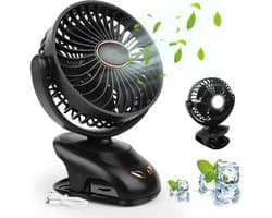 3 in 1 - Miniventilator - USB - Met clip - Kleine ventilator - Met licht - LED-display - 5 snelheden - Verstelbare windsnelheid - 90 graden rotatie, oplaadbaar, stil, geschikt voor thuis, kantoor, buiten (zwart)