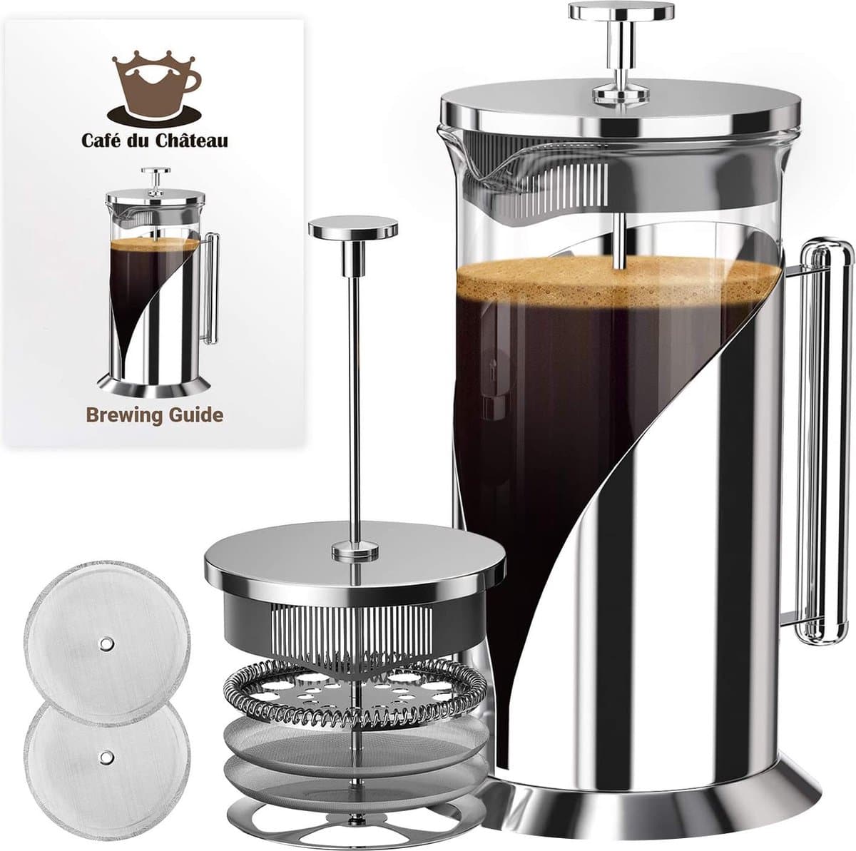 Cafe Du Chateau French Press Coffee Maker - hittebestendig glas met 4 niveaus filtratiesysteem, roestvrijstalen behuizing - brouwt koffie en thee - grote 36oz karaf koffie presser — afbeelding 1