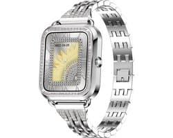 Knobbout Luxe 1,59" Scherm Dames Smartwatch met Kristallen – Bluetooth Bellen, AI Spraakassistent, 21 Sportmodi, Hartslag/Bloeddruk/SpO₂, IP67 Waterdicht, Slaapmonitoring, Berichtmeldingen, Muziek & Camerabediening – 210mAh-Zilver stalen band