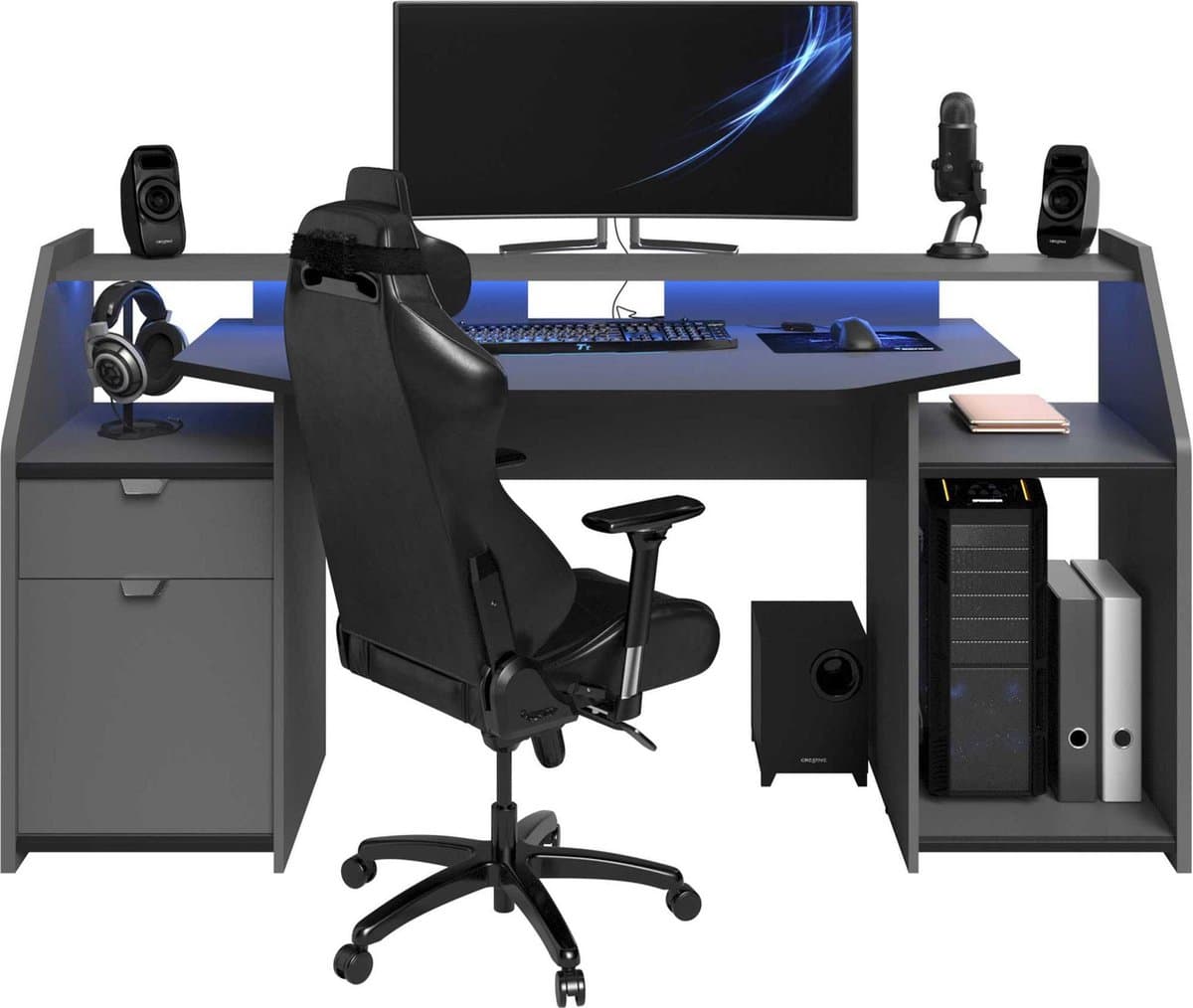 Parisot Game bureau MOBA - Met opbergruimte - Antraciet - Ledverlichting L 180 cm x H 92 cm x D 67 cm — afbeelding 1